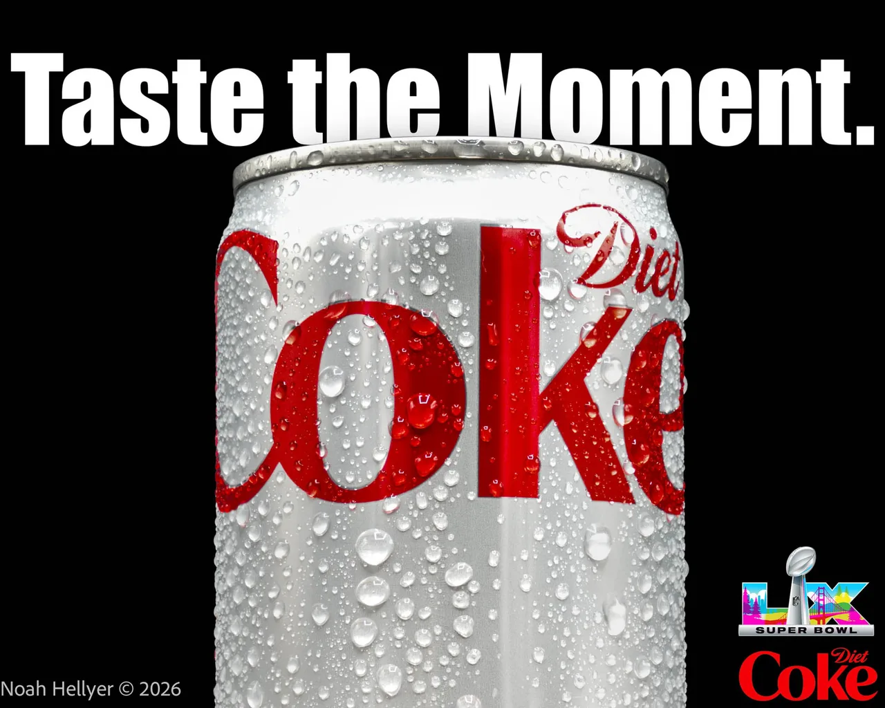 A cold can of Diet Coke covered in water droplets under the words Taste the Moment.